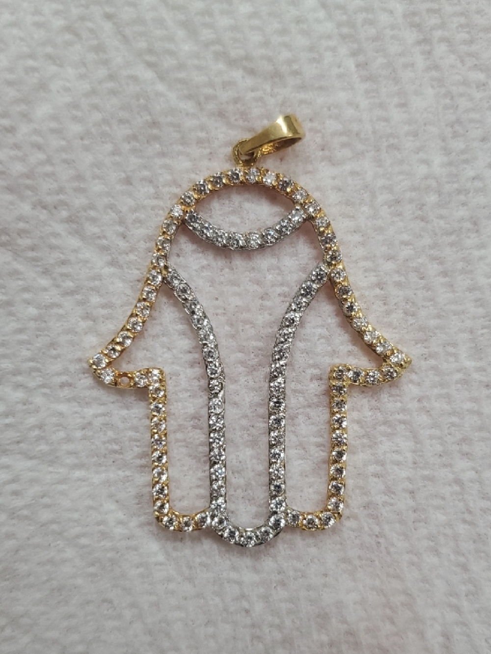 Solid 18k Gold Hamsa Hand Pendant with Clear Stones - Women's Jewelry